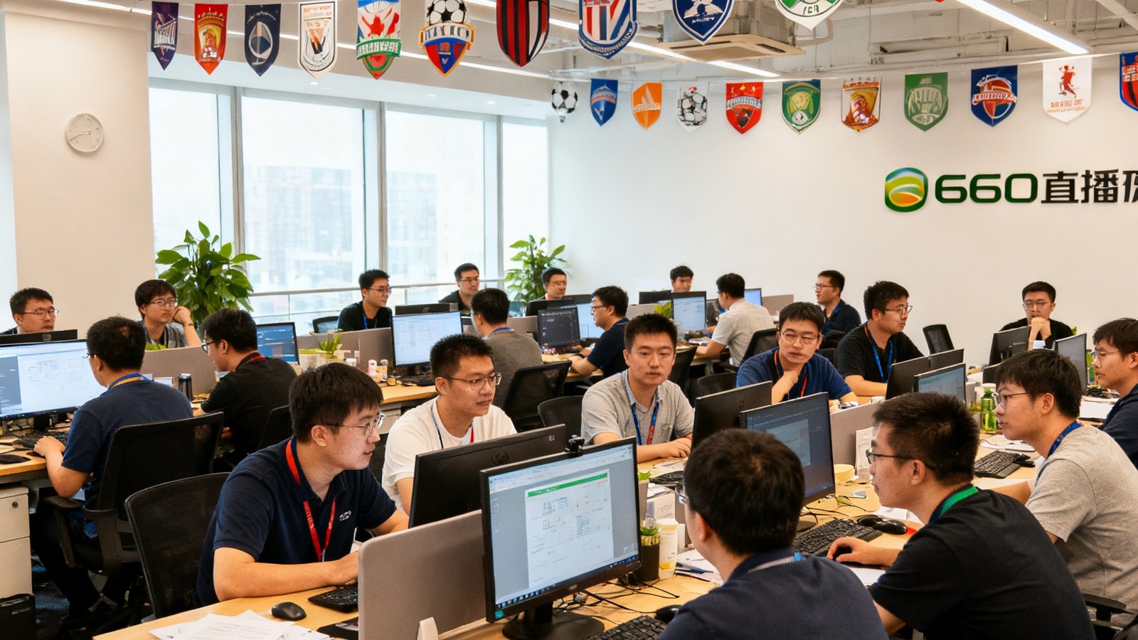 360直播团队在北京中关村办公室的合影，约40名工程师和产品经理在开放式办公区讨论产品方案，墙上悬挂各大联赛标志